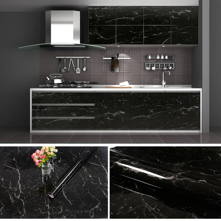 215421210W 5m Marble Pattern Bright Paint Furniture Renovation Self-Adhesive Wall Paper Cabinet Waterproof Film(Black) - Image 4