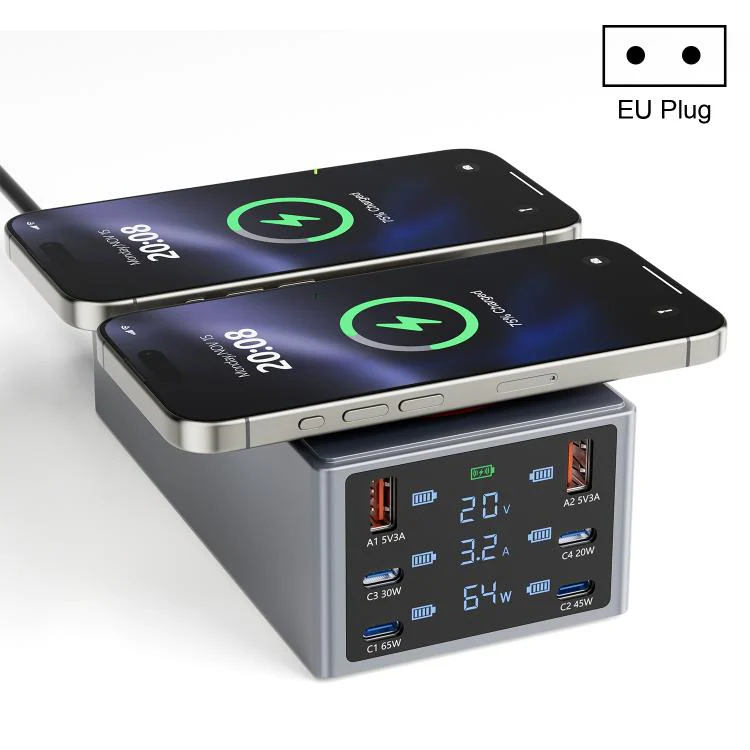 220W Multi-Port Smart Desktop Charging Station with 15W Dual Wireless Charging Function, Plug:EU Plug