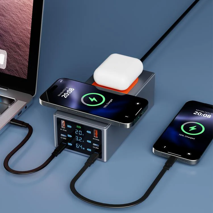 220W Multi-Port Smart Desktop Charging Station with 15W Dual Wireless Charging Function, Plug:EU Plug - Image 11