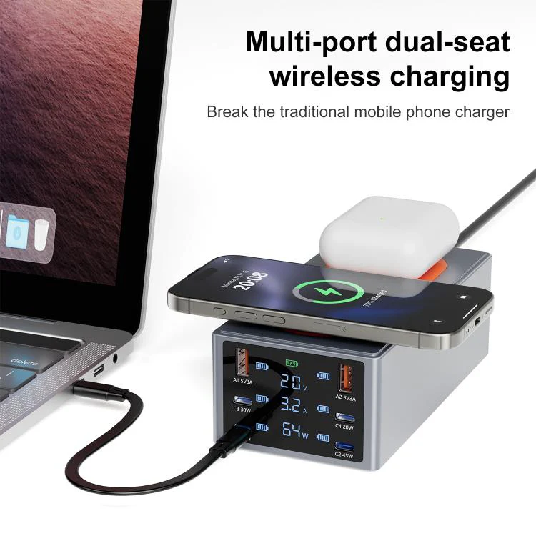 220W Multi-Port Smart Desktop Charging Station with 15W Dual Wireless Charging Function, Plug:EU Plug - Image 2