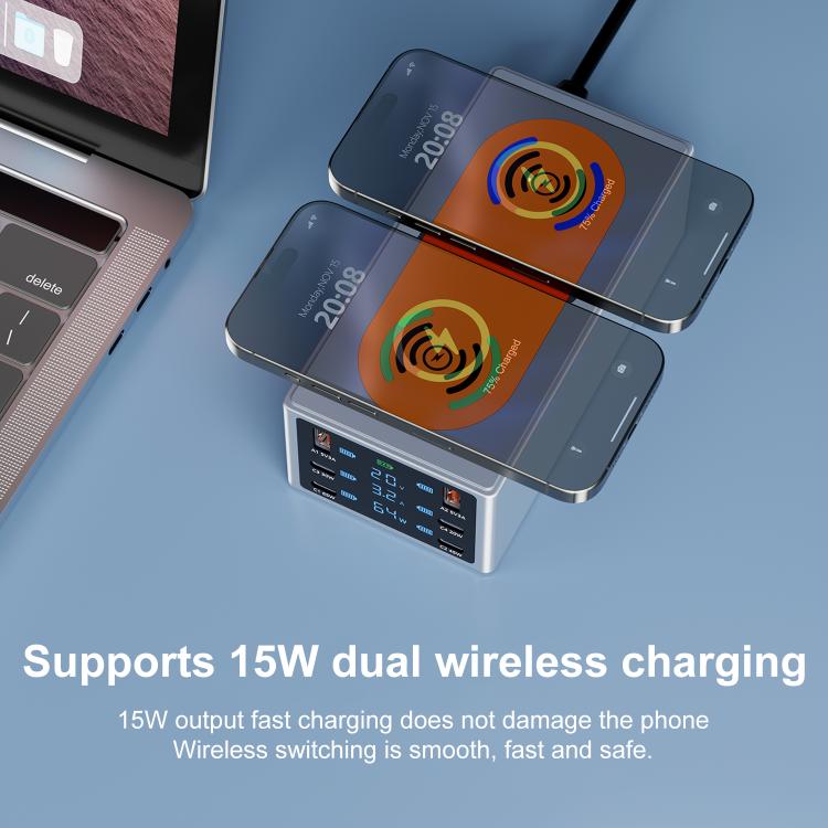 220W Multi-Port Smart Desktop Charging Station with 15W Dual Wireless Charging Function, Plug:US Plug - Image 4