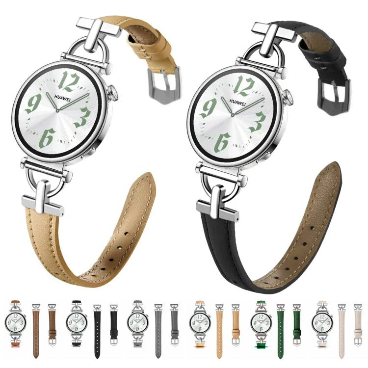 22mm Flat-Head D-shaped Metal Genuine Leather Watch Band(Khaki) - Image 3