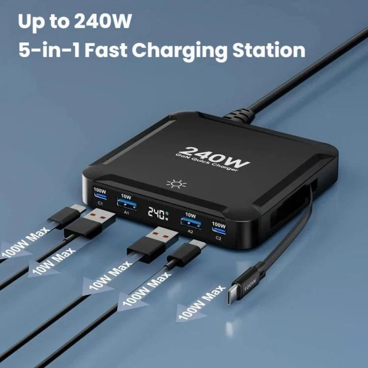 240W Smart Fast Charger With Magnetic USB Retractable Cable And Multi-Port Storage(EU Plug) - Image 5