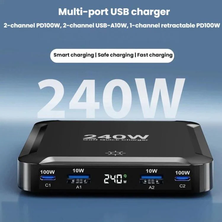 240W Smart Fast Charger With Magnetic USB Retractable Cable And Multi-Port Storage(UK Plug) - Image 2