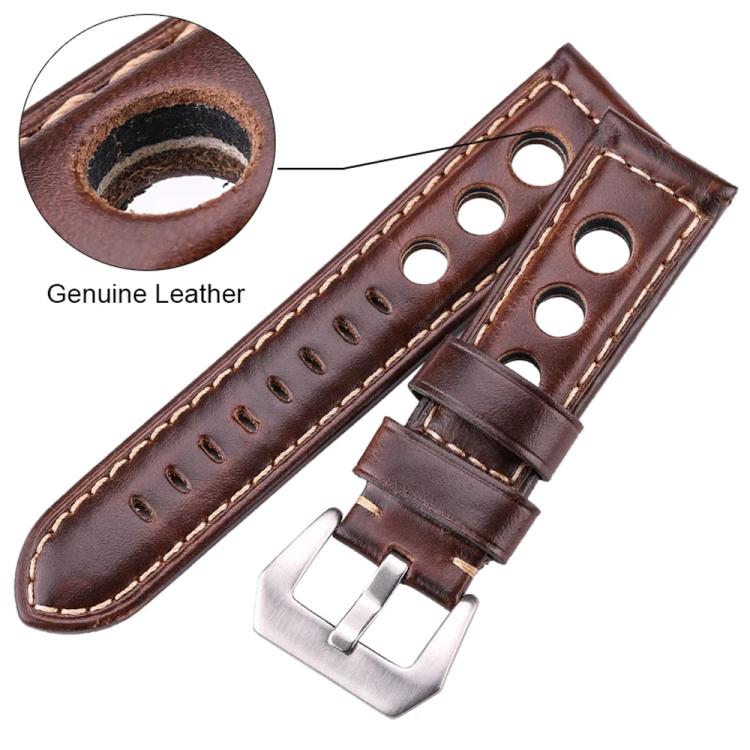 24mm xDfind Silver Buckle Three-hole Breathable Genuine Leather Watch Band(Black) - Image 4