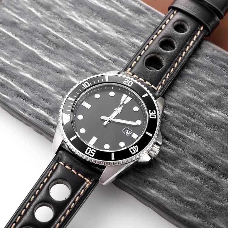 24mm xDfind Silver Buckle Three-hole Breathable Genuine Leather Watch Band(Dark Brown) - Image 6