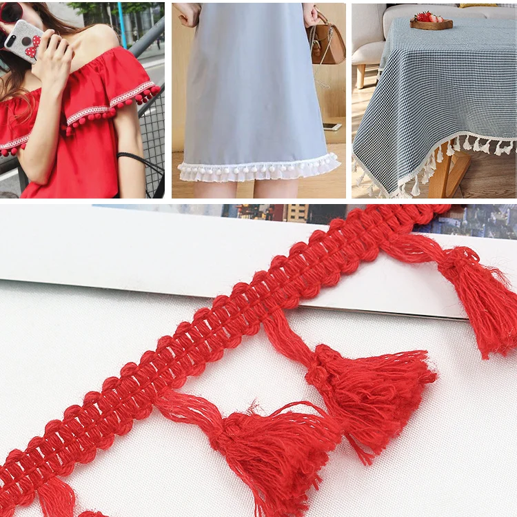 25 Metres 4.5cm Cotton Thread Broom Lace Ribbon Tassel Ethnic For Craft DIY Curtain Home Decorative Clothes Sewing Accessories(Red)