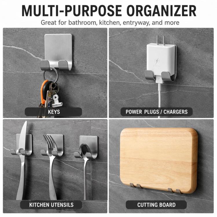 2pcs /Pack Adhesive Stainless Steel Razor Holder for Shower Wall No-Drill Shaver Hanger Utility Storage Hook Multi-Purpose Wall Organizer(Silver) - Image 6
