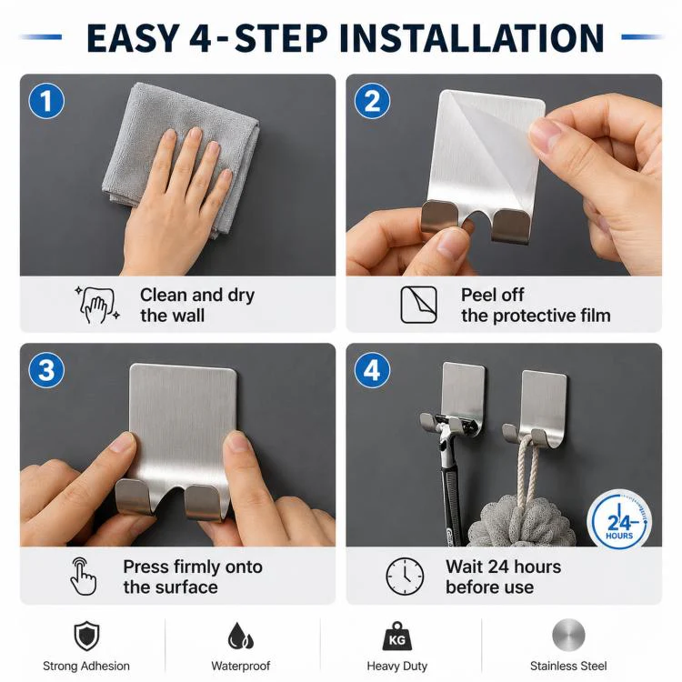 2pcs /Pack Adhesive Stainless Steel Razor Holder for Shower Wall No-Drill Shaver Hanger Utility Storage Hook Multi-Purpose Wall Organizer(Silver) - Image 7