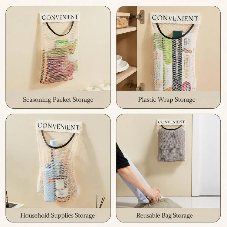 2pcs /Pack Grocery Bag Holder, Detachable Wall-Mount Mesh Storage Bag With Adhesive Hook And Loop, Elastic Plastic Bag Dispenser For Kitchen Cabinet Door(Beige) - Image 6