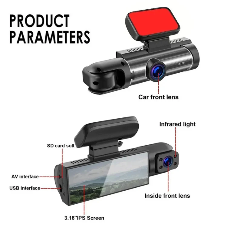 3.16 inch 1080P HD Night Vision Front and Inside Dual Lenses Driving Recorder - Image 2