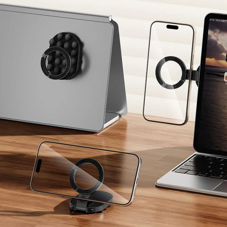 3-in-1 Magnetic Suction Cup Phone Holder 360-degree Rotatable Folding Shower Mirror Gym Mount with Clip Hook(Black)