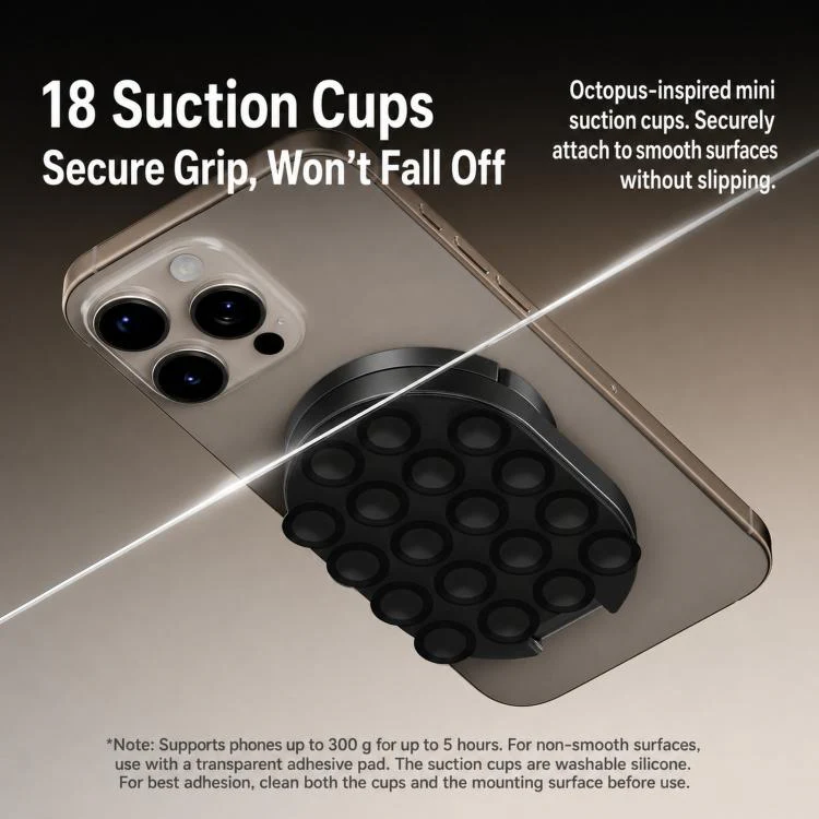 3-in-1 Magnetic Suction Cup Phone Holder 360-degree Rotatable Folding Shower Mirror Gym Mount with Clip Hook(Black) - Image 5
