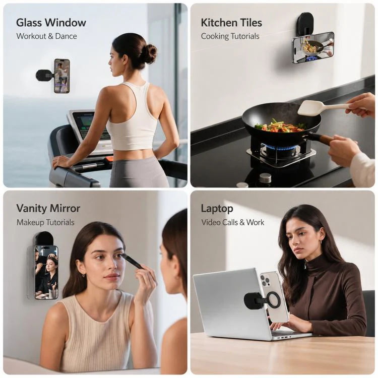 3-in-1 Magnetic Suction Cup Phone Holder 360-degree Rotatable Folding Shower Mirror Gym Mount with Clip Hook(Black) - Image 6