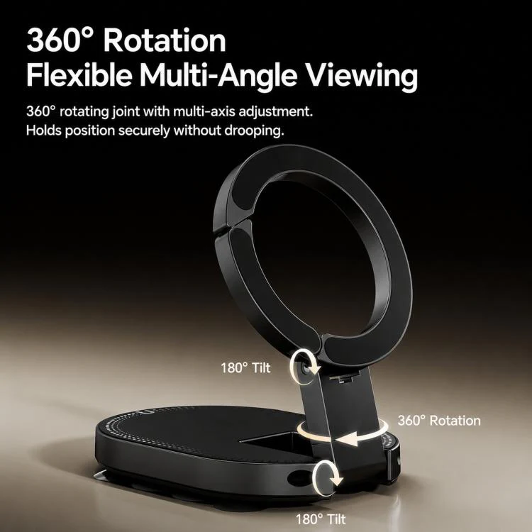3-in-1 Magnetic Suction Cup Phone Holder 360-degree Rotatable Folding Shower Mirror Gym Mount with Clip Hook(Black) - Image 9