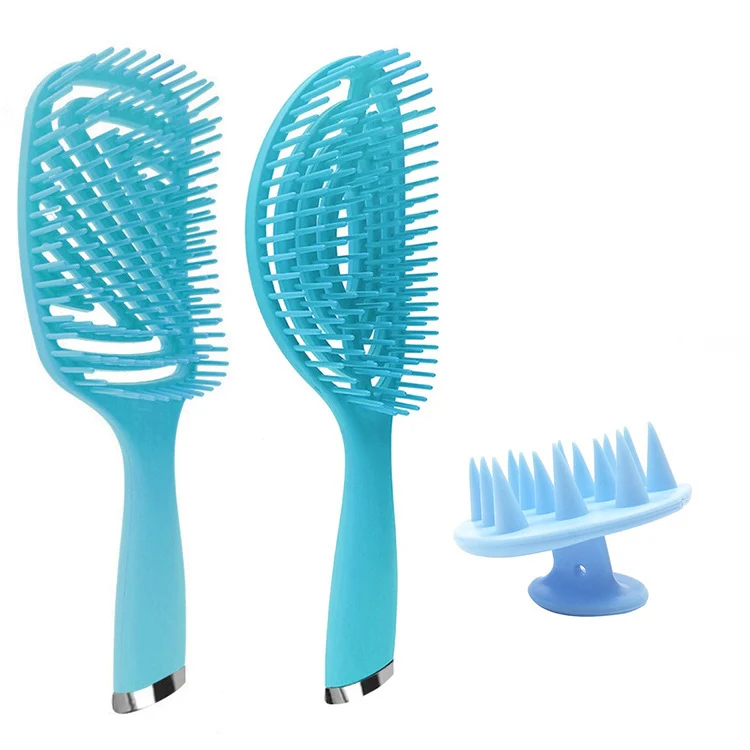 3 in 1 Plastic Curly Hair Salon Comb Set Hollow Massage Comb(Blue)