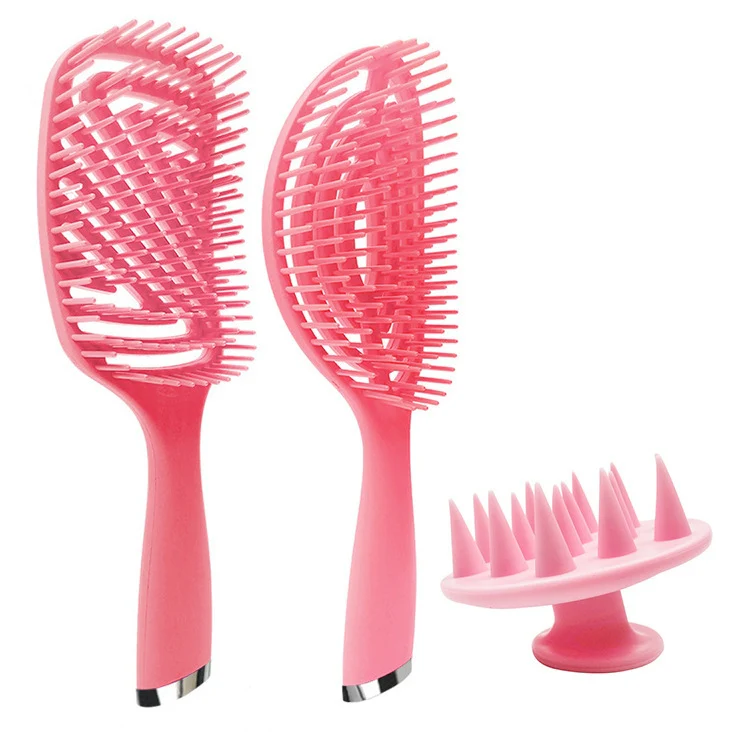 3 in 1 Plastic Curly Hair Salon Comb Set Hollow Massage Comb(Pink)