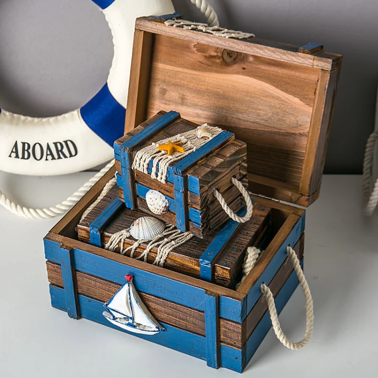 3 In 1 Wooden Storage Box Jewelry Boxes Wooden Box Decoration(Antique Blue Set) - Image 2