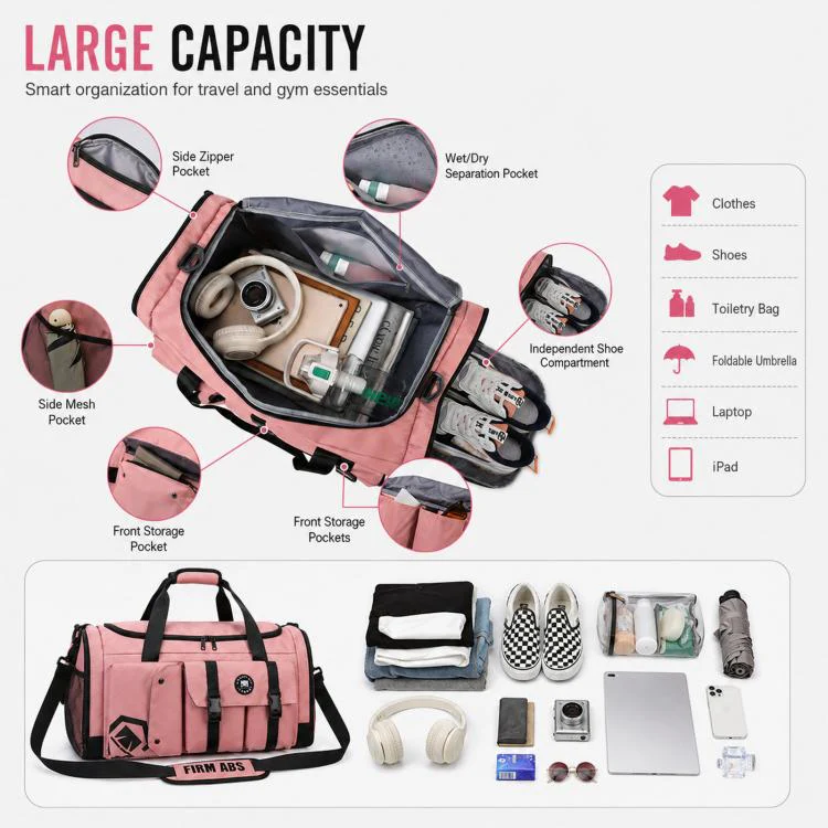 3-Way Convertible Sports Gym Bag With Shoe Compartment Water-Resistant Travel Duffle Backpack With Wet Pocket For Men Women(Black) - Image 5