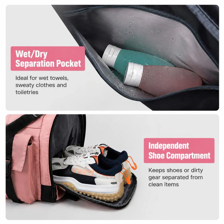 3-Way Convertible Sports Gym Bag With Shoe Compartment Water-Resistant Travel Duffle Backpack With Wet Pocket For Men Women(Pink) - Image 6