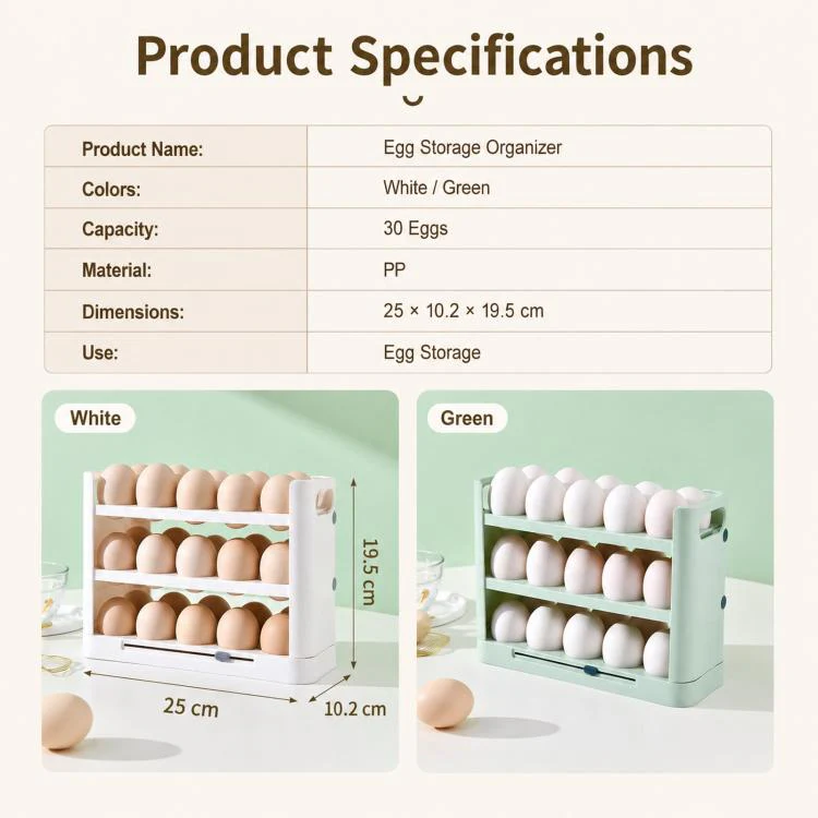 30 Eggs Holder for Refrigerator Door, 3-Tier Flip-Up Egg Storage Container with Sliding Date Tracker, Clear Space-Saving Egg Dispenser Rack(Green) - Image 9