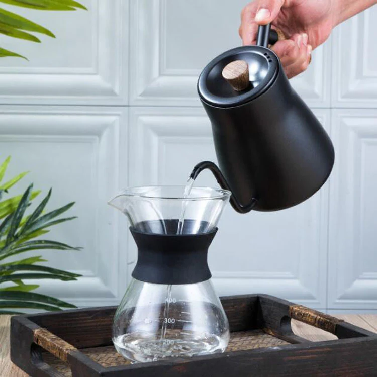 304 Stainless Steel Coffee Hand Pot Wooden Handle Coffee Pot Teflon Long-Mouth Slender Pot, Style: With Thermometer - Image 2