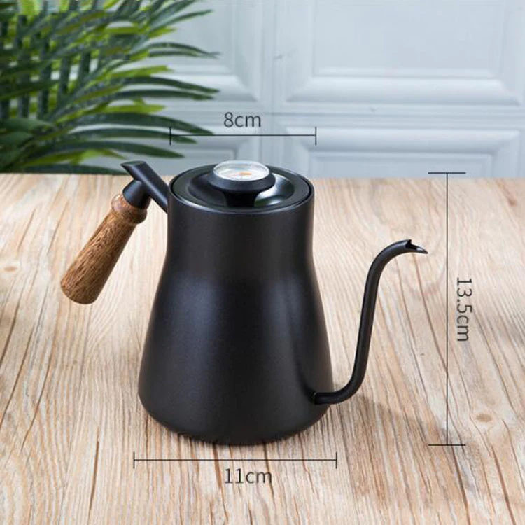 304 Stainless Steel Coffee Hand Pot Wooden Handle Coffee Pot Teflon Long-Mouth Slender Pot, Style: Without Thermometer - Image 4