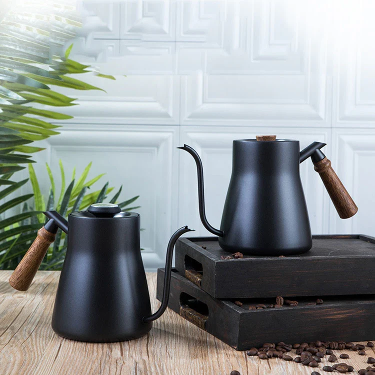 304 Stainless Steel Coffee Hand Pot Wooden Handle Coffee Pot Teflon Long-Mouth Slender Pot, Style: Without Thermometer - Image 8