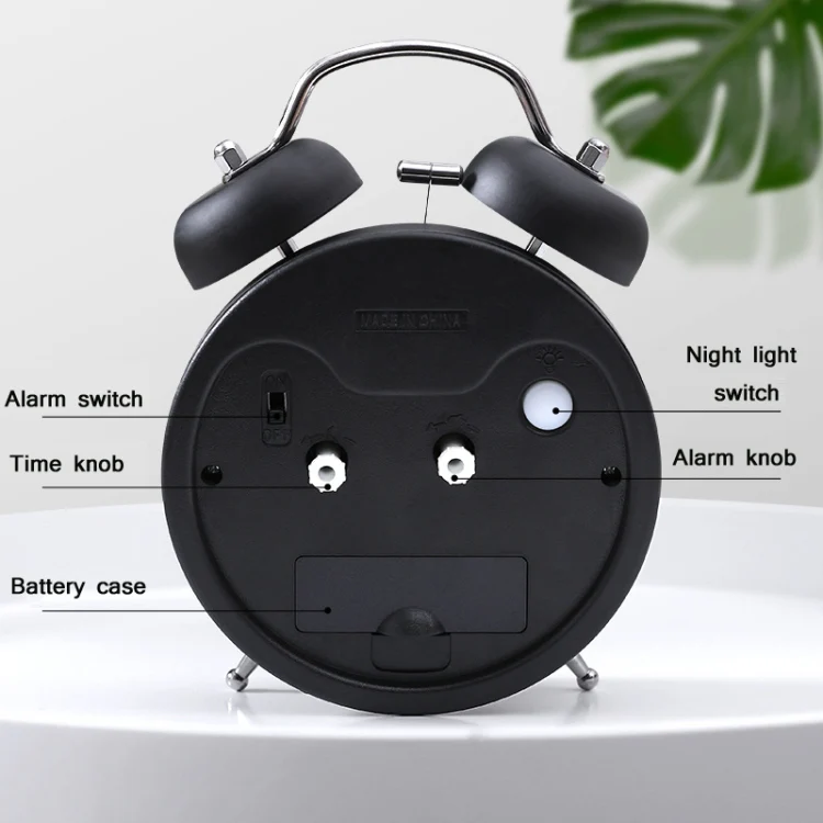 3304T Bedroom Bedside Multifunctional Bell Metal Alarm Clock With Night Light(Black) - Image 3