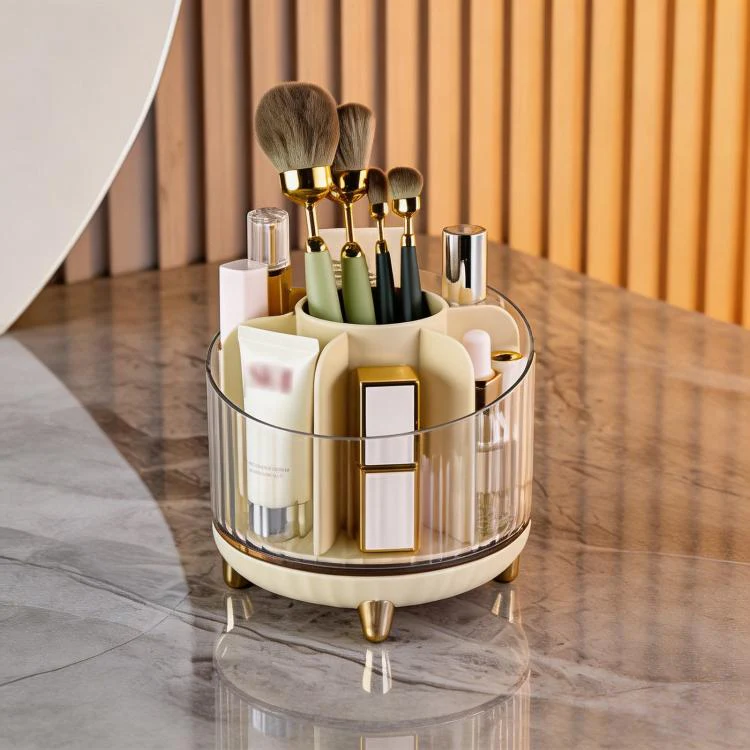 360-degree Rotating Makeup Organizer for Vanity Multi-Grid Spinning Cosmetic Storage Box for Brushes, Lipsticks and Skincare(Champagne)