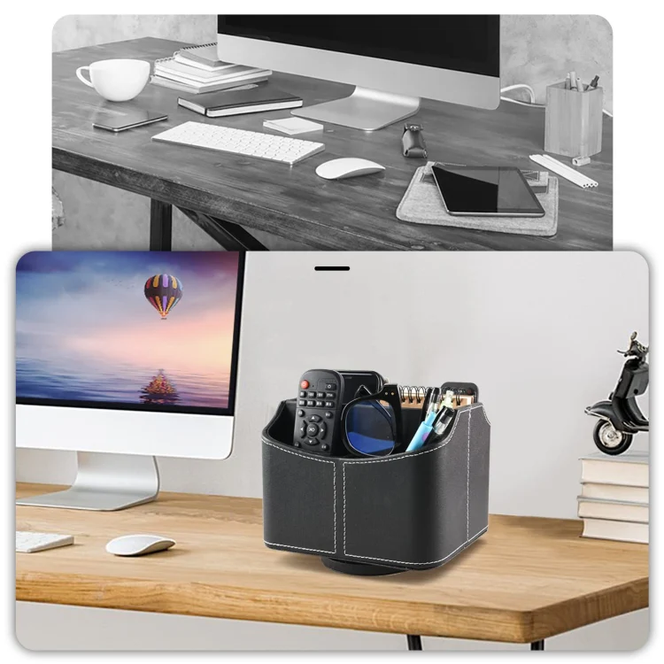 360 Degrees Rotating Desk Organizer Storage Box PU Leather Remote Control Holder, Style: Geometric Pattern - Image 7