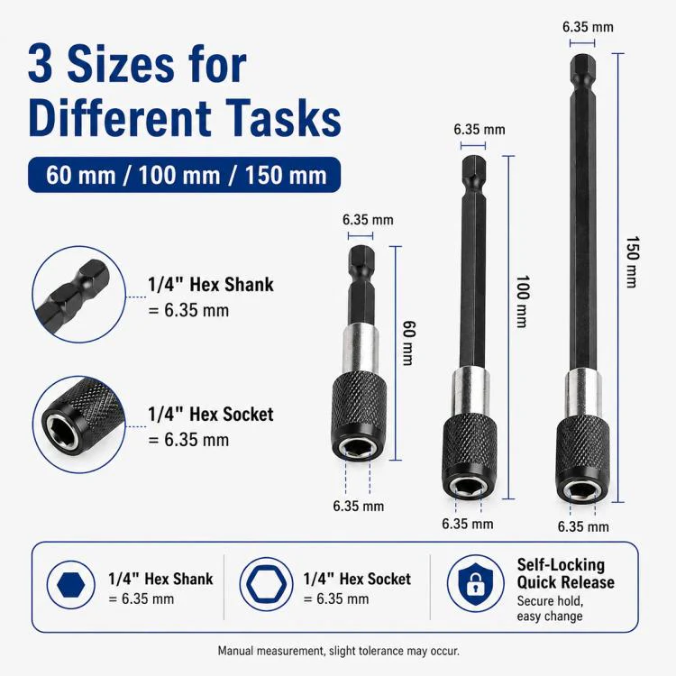 3pcs / Set Hexagonal Electric Drill Driver Extension Quick Conversion Bits(60+100+150mm) - Image 3