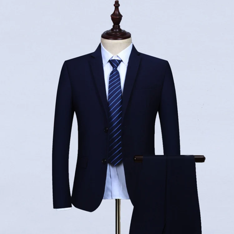 3pcs /Set Men Formal Business Suit Blazers Wedding Dress Groom Group Suits, Size: L(2 Button Navy Jacket+Vest+Pants) - Image 2