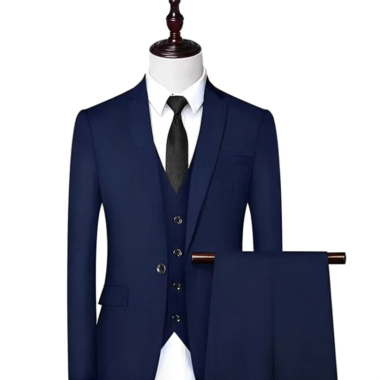 3pcs /Set Men Formal Business Suit Blazers Wedding Dress Groom Group Suits, Size: M(1 Button Navy Jacket+Shirt+Pants)