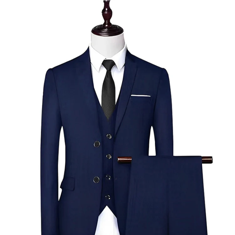3pcs /Set Men Formal Business Suit Blazers Wedding Dress Groom Group Suits, Size: XL(2 Button Navy Jacket+Vest+Pants)
