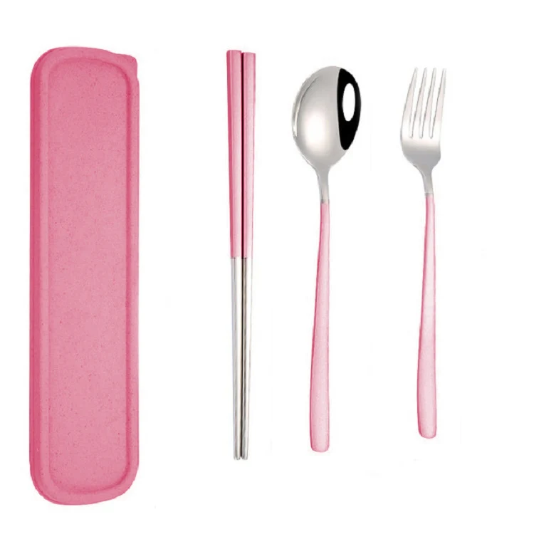 3pcs / Set Portable Stainless Steel Tableware Creative Set Chopsticks Spoon Fork Gift, Color:Pink