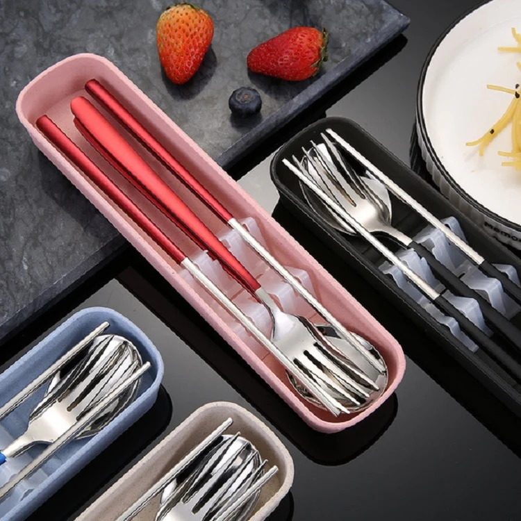 3pcs / Set Portable Stainless Steel Tableware Creative Set Chopsticks Spoon Fork Gift, Color:Pink - Image 5