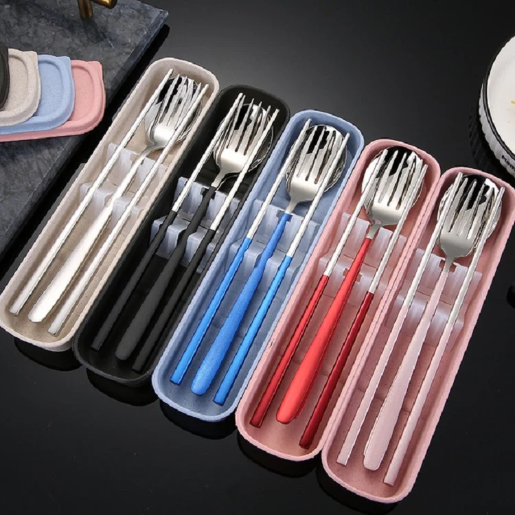 3pcs / Set Portable Stainless Steel Tableware Creative Set Chopsticks Spoon Fork Gift, Color:Pink - Image 7
