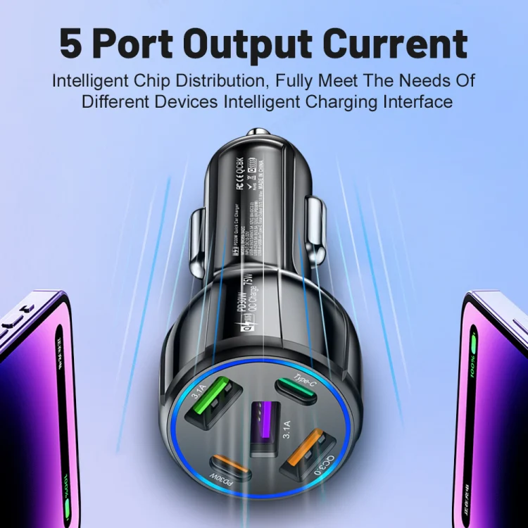 3USB+2PD 75W Dual Line Car Mobile Phone Fast Charging Charger(Black) - Image 4