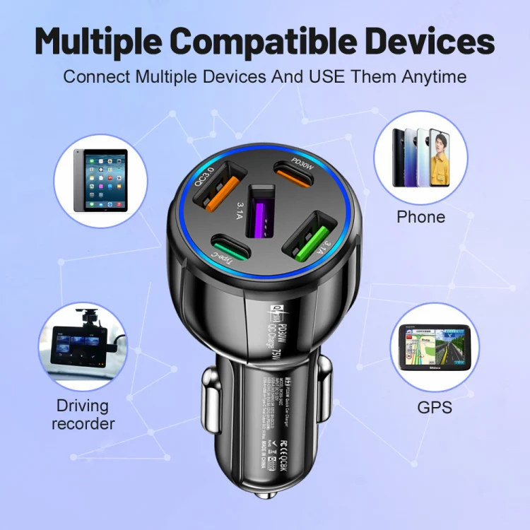 3USB+2PD 75W Dual Line Car Mobile Phone Fast Charging Charger(Black) - Image 5