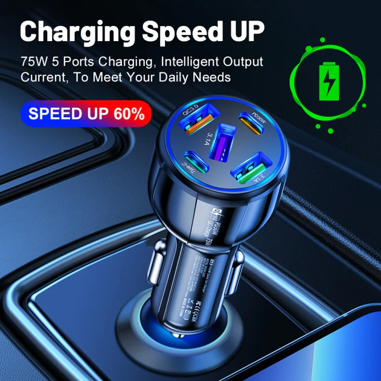 3USB+2PD 75W Dual Line Car Mobile Phone Fast Charging Charger(Black) - Image 8