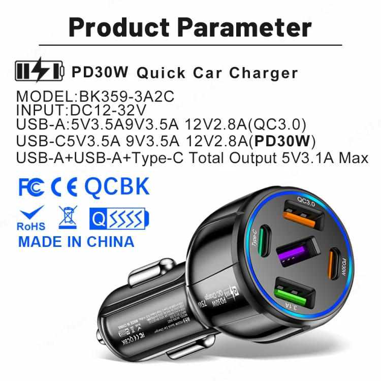 3USB+2PD 75W Dual Line Car Mobile Phone Fast Charging Charger(White) - Image 3
