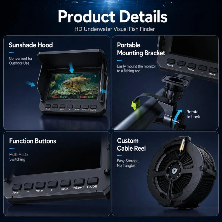 4.3 inch Fully Waterproof Screen + Fish Finder With Temperature & Depth Sensors HD Visual Underwater Fishing Probe, Length: 30m - Image 9