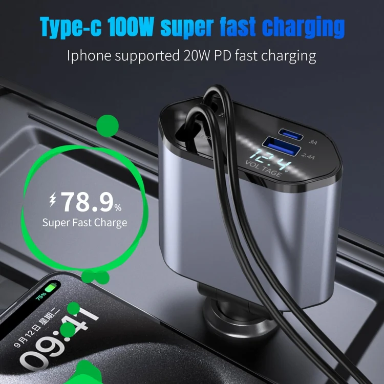 4-In-1 120W Multifunctional USB Retractable Dual-Line Digital Display Car Fast Charger(8 Pin + Type-C) - Image 3