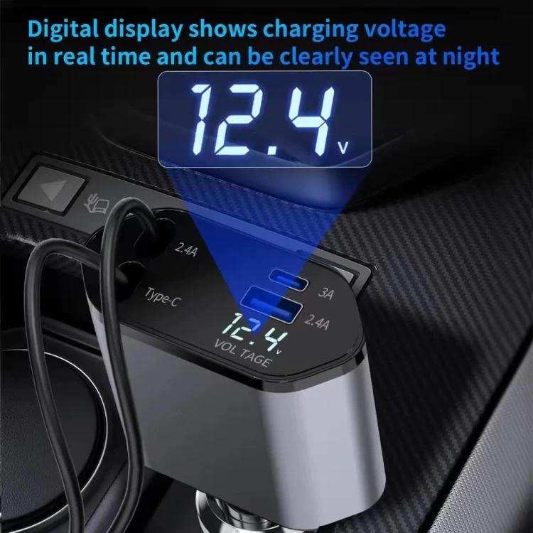 4-In-1 120W Multifunctional USB Retractable Dual-Line Digital Display Car Fast Charger(8 Pin + Type-C) - Image 4