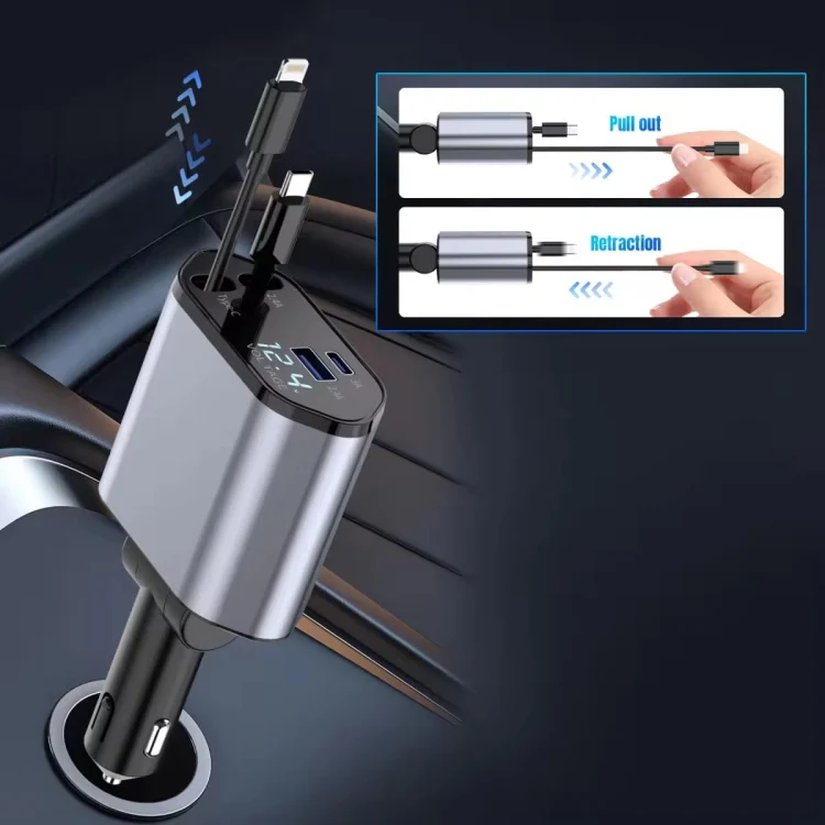 4-In-1 120W Multifunctional USB Retractable Dual-Line Digital Display Car Fast Charger(8 Pin + Type-C) - Image 7