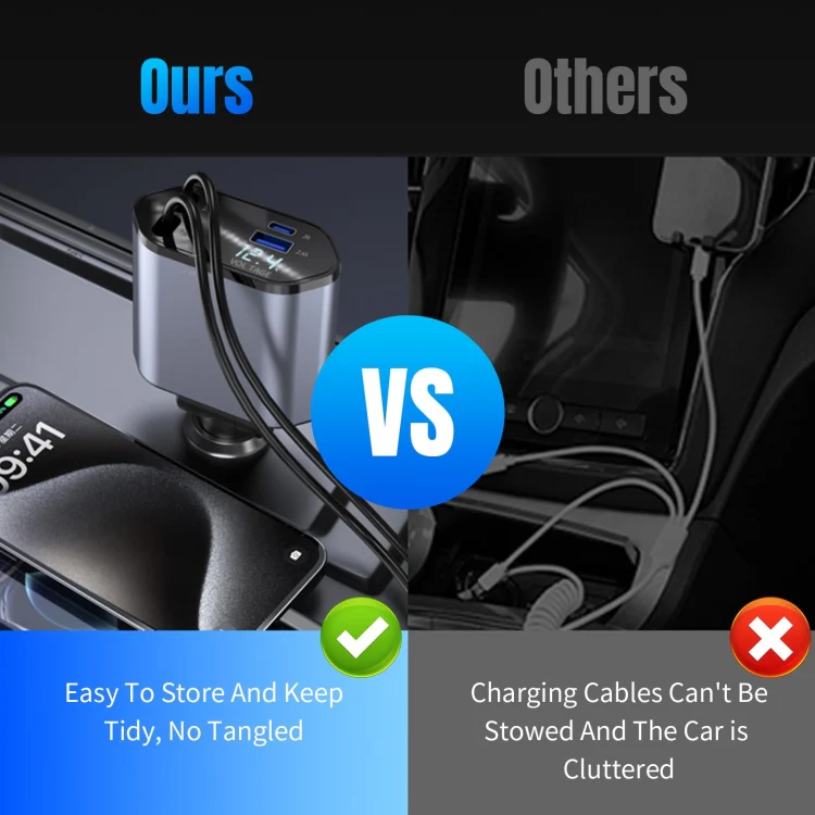 4-In-1 120W Multifunctional USB Retractable Dual-Line Digital Display Car Fast Charger(8 Pin + Type-C) - Image 8