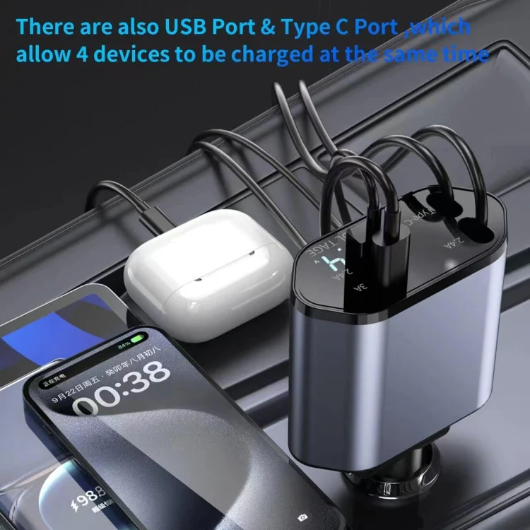 4-In-1 120W Multifunctional USB Retractable Dual-Line Digital Display Car Fast Charger(8 Pin + Type-C) - Image 9
