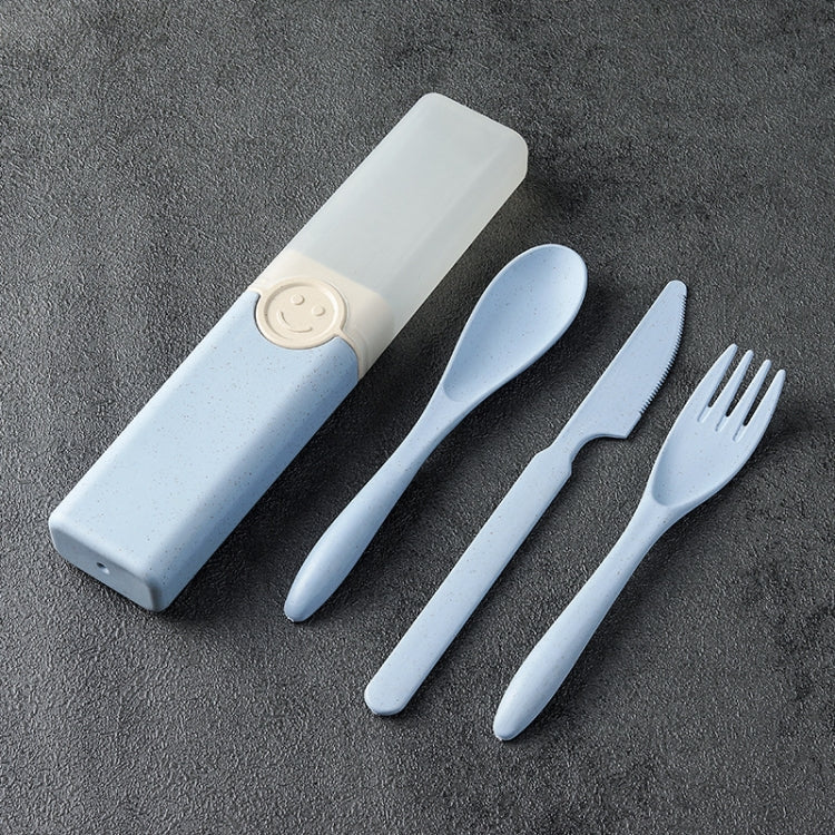 4 In 1 Portable Wheat Straw Tableware Set Outdoor Travel Storage Tableware Box, Style: B With Knife (Blue)