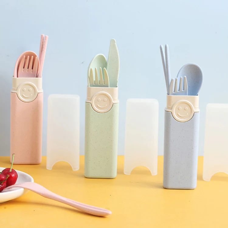 4 In 1 Portable Wheat Straw Tableware Set Outdoor Travel Storage Tableware Box, Style: B With Knife (Blue) - Image 3